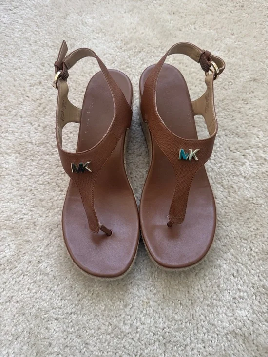 Michael Kors Brown Leather MK Thong Sandals with Gold Logo - Picture 1 of 5